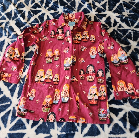 Nick & Nora Hippie Russian Nesting Doll Pajama Top Shirt Cotton Flannel Medium - Picture 2 of 13
